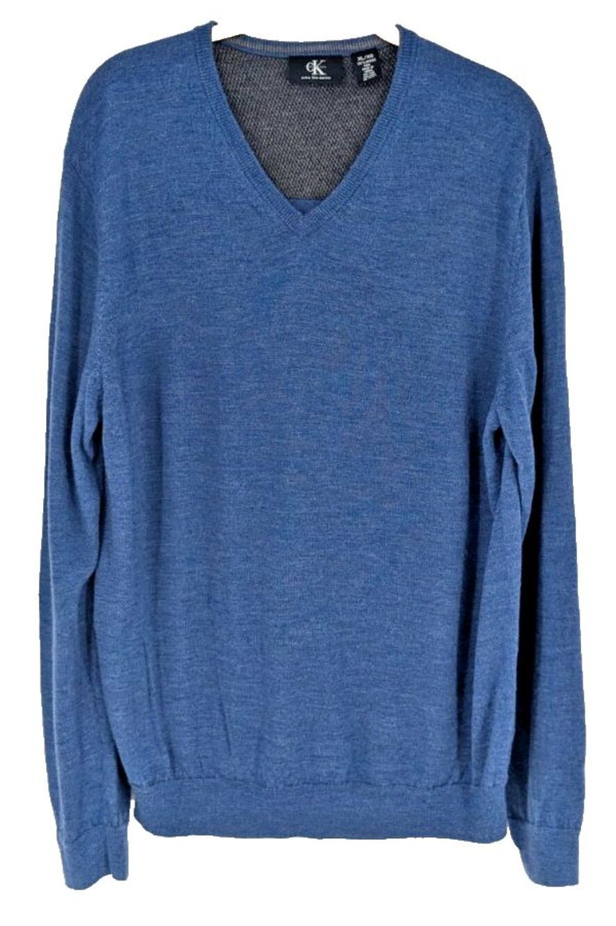 CALVIN KLEIN Sweater SZ XL Blue "Extra Fine Merino Wool" V Neck Preppy Academia